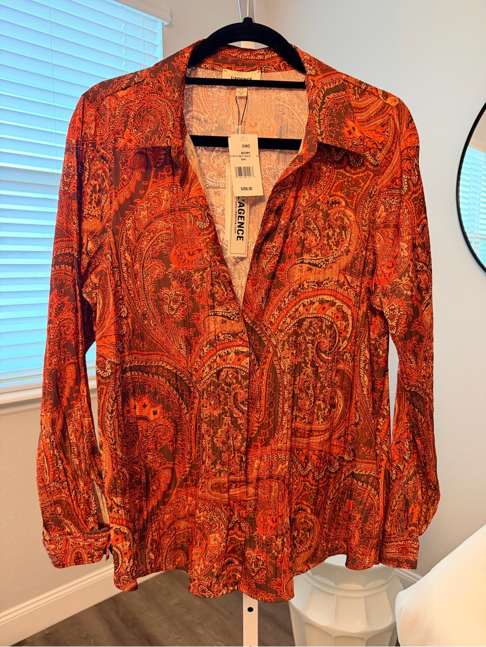 L'AGENCE Orange Paisley Silk-Feel Button Down Shirt